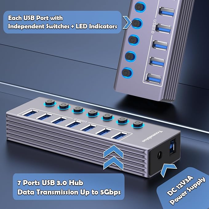 Tccmebius Powered 7-Port USB 3.0 Hub, USB C to 7 Ports USB Data Hub Splitter with Individual LED On/Off Switche, 3.3FT Cable, 12V/3A Power Adapter, for Laptop MacBook Pro/Air PC (Aluminum Gary)