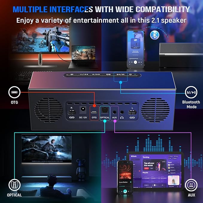 FIFINE 2.1 Computer Speakers with Subwoofer, Gaming Speaker for PC with RGB & Bluetooth, Volume Control & 3.5mm Aux Input, AC Powered Desktop Speakers for Monitor TV Mobile - AmpliGame A22