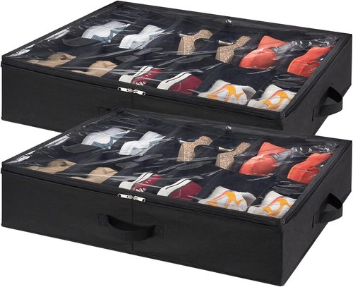 Lifewit Under Bed Shoe Storage | Set of 2 Foldable Fabric Containers for 24 Pairs - Black