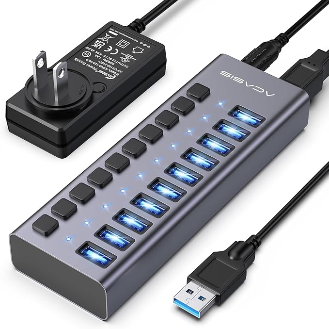 Powered USB 3.2 Hub, ACASIS 10 Ports USB 3.2 Hub with 10Gbps Data Speed, Aluminum Housing, USB Hub Powered with 48W Power Adapter, USB Hub for PC/Laptop, Computer, Flash Drive, Printer, Camera
