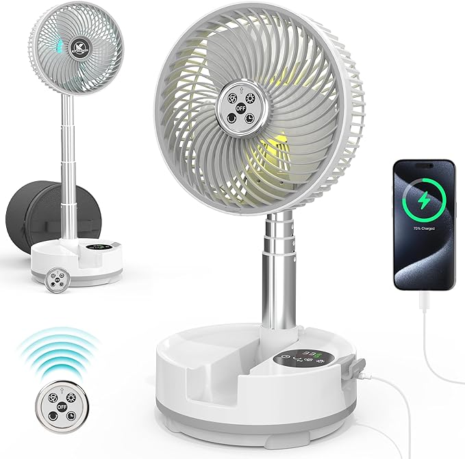 Portable Travel Fan, Foldable Standing Fan for Bedroom, 112H Run & 9 Speeds, Rechargeable Fan With Timer & Remote, Collapsible Oscillating Fan for Travel Cruise Essential Home RV Outdoor Power Outage
