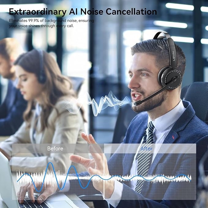 LEVN Wireless Headset 5.2 for Call Center, BluetoothHeadphones with Mic for Work(Noise Cancelling), 65 HoursWoktime & Mute Button,Wireless Headset for Work fromHome/Office/PC/Computer/Laptop(Silvery)