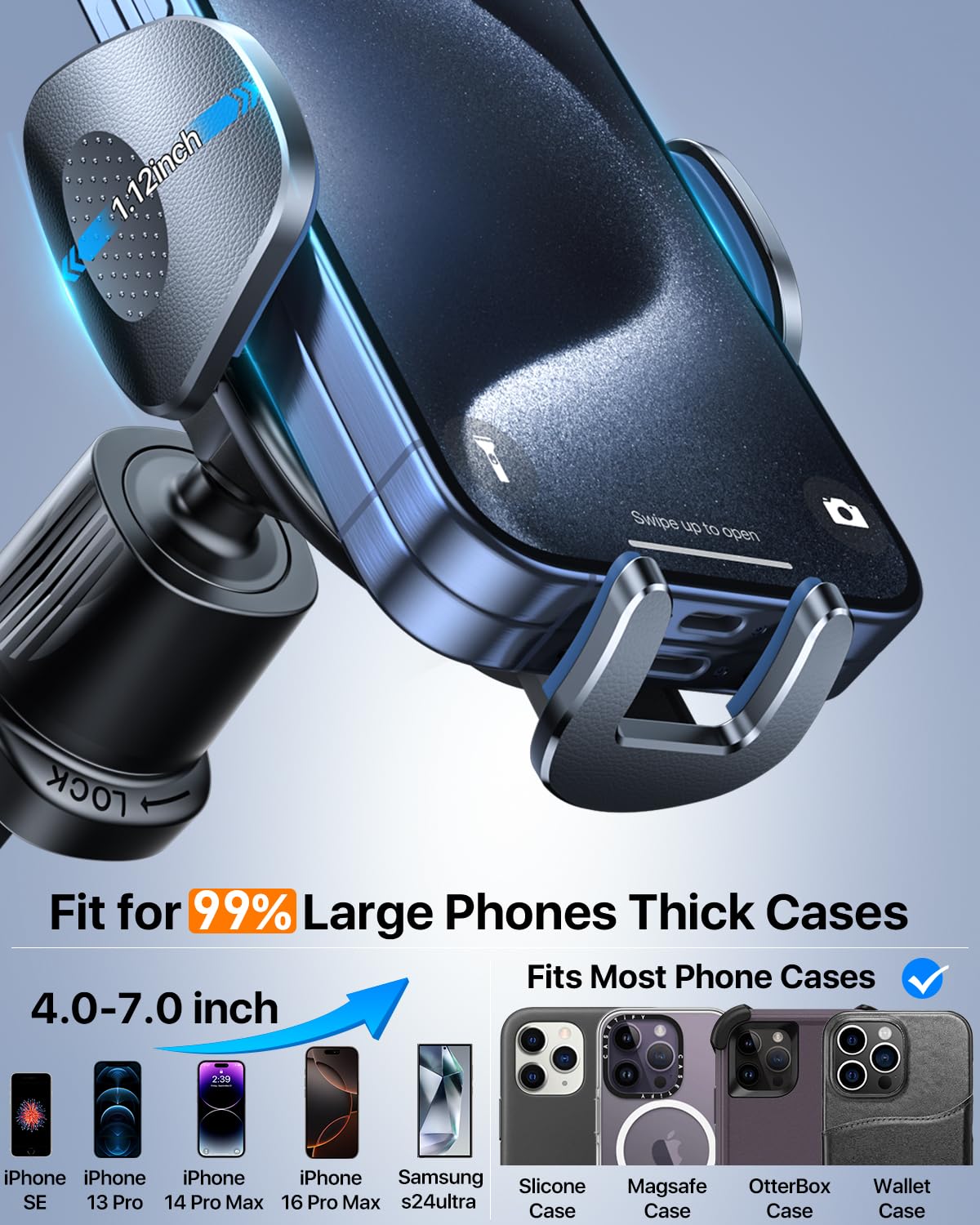 YRU Phone Holders for Your Car [2026 Upgraded Military Metal Hook], Cellphone Holder Car[No Fear of Bumps] Vent Phone Mount Truck Compatible with iPhone17 16 15 14 13 12 Samsung Android, Jet Black