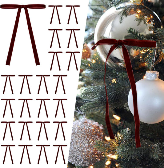 SIMISI Velvet Ribbon Bows - 24Pcs Burgundy Christmas Decorations for Tree, Wreath & Garland (3/8'' Width, 5x7 Inch)