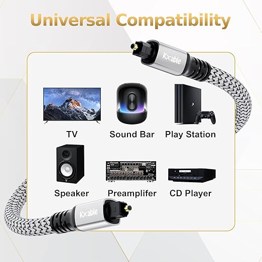 Kxable Optical Audio Cable 6.6FT /2M, Digital Audio Cable, Toslink Fiber Optic Cord, [Nylon Braided, Slim Aluminum Shell, Gold Plated Connector], for Home Theater, Sound Bar, PS4, Xbox, TV and More