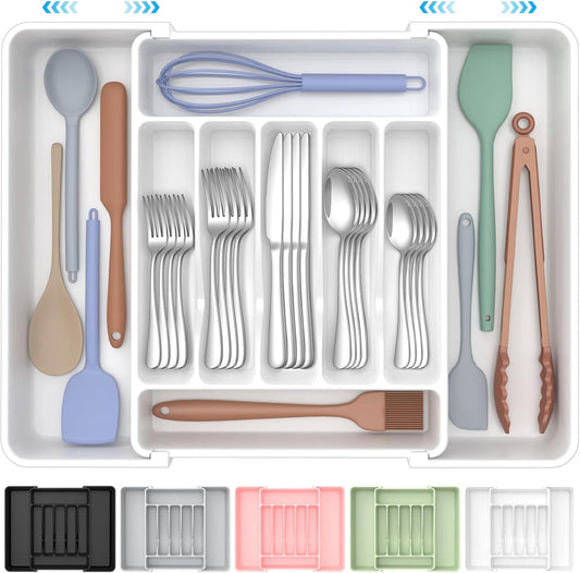 Ukeetap Extra Large Expandable Silverware Organizer - BPA-Free Cutlery Holder for Kitchen Drawers | Adjustable White Design
