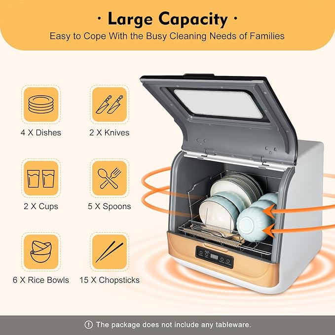 3-in-1 Countertop Dishwasher, 800W 12-20 Pieces Mini Dishwasher with 360° Rotating Spray, Portable Non Installation Dish Washer, 2 Gal Compact Dishwasher for Home, Apartments, RVs（Gold)