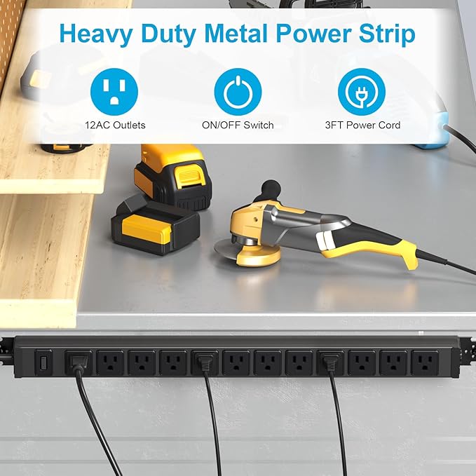 HHSOET 360° Rotating 12 Outlet Mountable Power Strip, Aluminum Alloy Long Power Strip,1200J, Heavy Duty Wall Mount Surge Protector with Switch, 3ft Power Cord