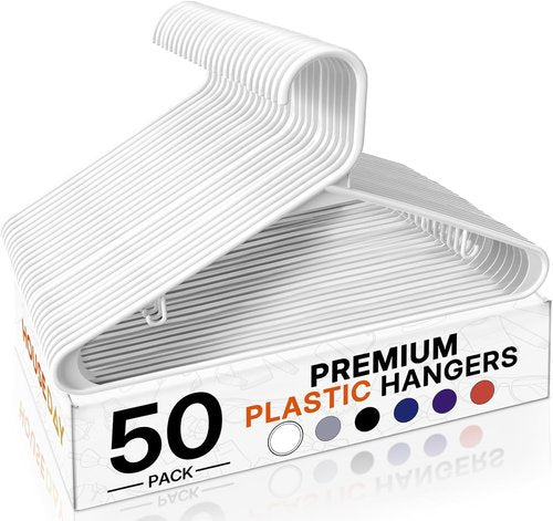 HOUSE DAY White Plastic Hangers - Durable 50 Pack with Built-in Hooks | Space-Saving Clothes Organizer