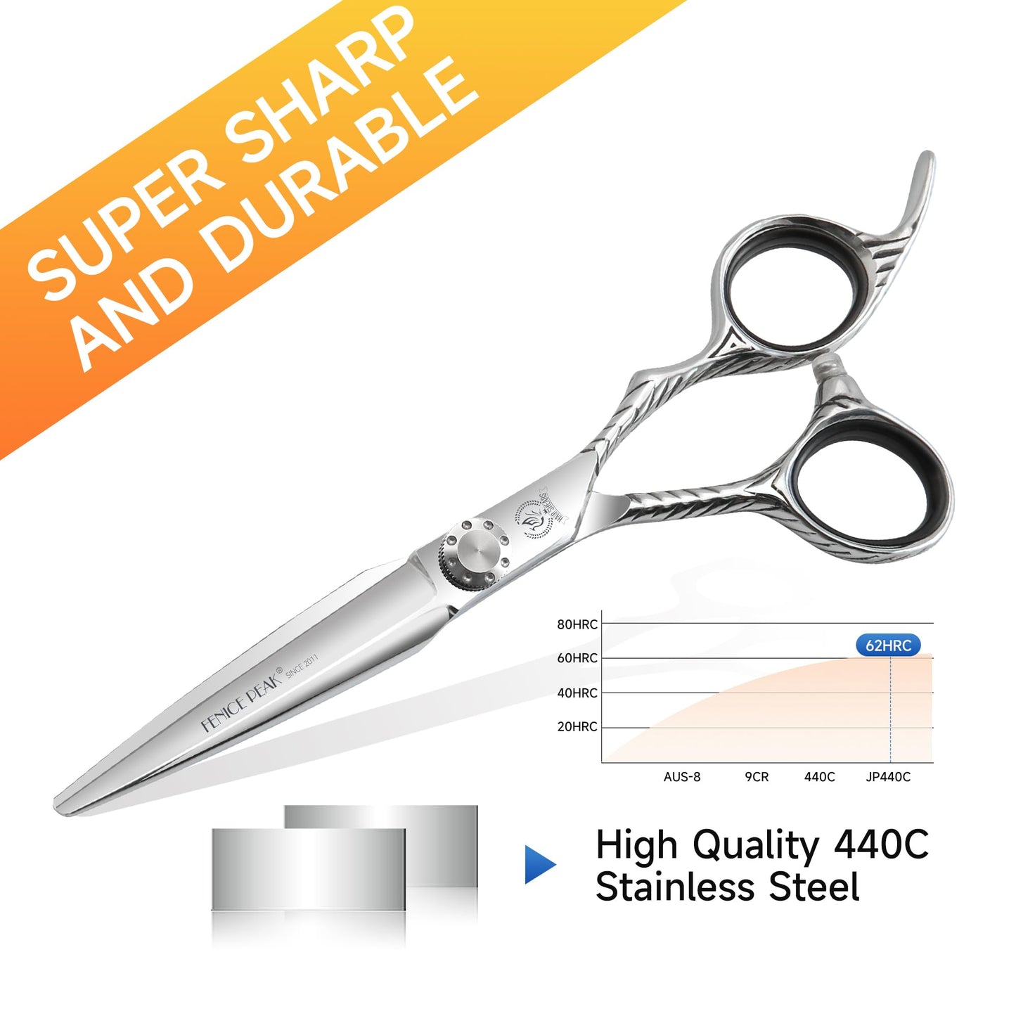 Fenice Peak Straight Hair Cutting Scissors 6.0'' Barber Haircut Shears with Sharp Razor Edge 440C Hair Scissors with Engraving Handle for Salon and Home User