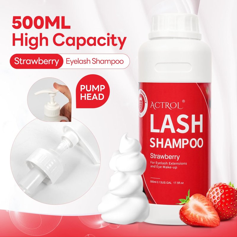 ACTROL Eyelash Extension Cleanser 500ml Strawberry Natural Lash Extension Shampoo Professional Eyelid Foaming Cleanser Paraben & Sulfate Free Non-lrritating with Salon and Home Care