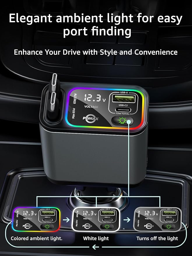 PDMAX Retractable Car Charger USB C,145W Type C Car Charger Fast Charging with Dual Retractable USB C Cable and USB Ports for iPhone 17/16/15,S25/24/23/22, Pixel 9/8/7(Build-in Dual Type C Cable)