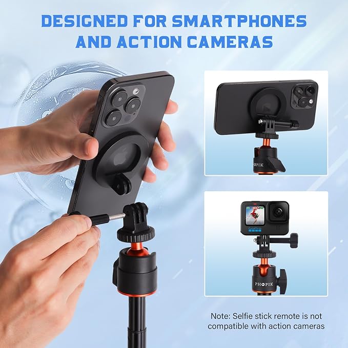 Phopik 56" Magnetic Tripod for iPhone,Phone Tripod MagSafe Compatible with iPhone/Android,GoPro, DJI Osmo Pocket 3,Protable Selfie Stick Tripod for Vlogging, Video Recording,Travel Content Creators