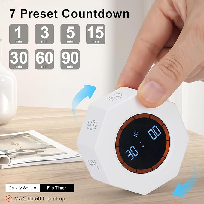 Kaflin Small Rechargeable Pomodoro Timer, Gravity Sensor Auto-Rotating 7 Preset Times (1/3/5/15/30/60/90 min) & Count Up Mode, Digital Kitchen Timers for Cooking, Work and Study (Pearl White)