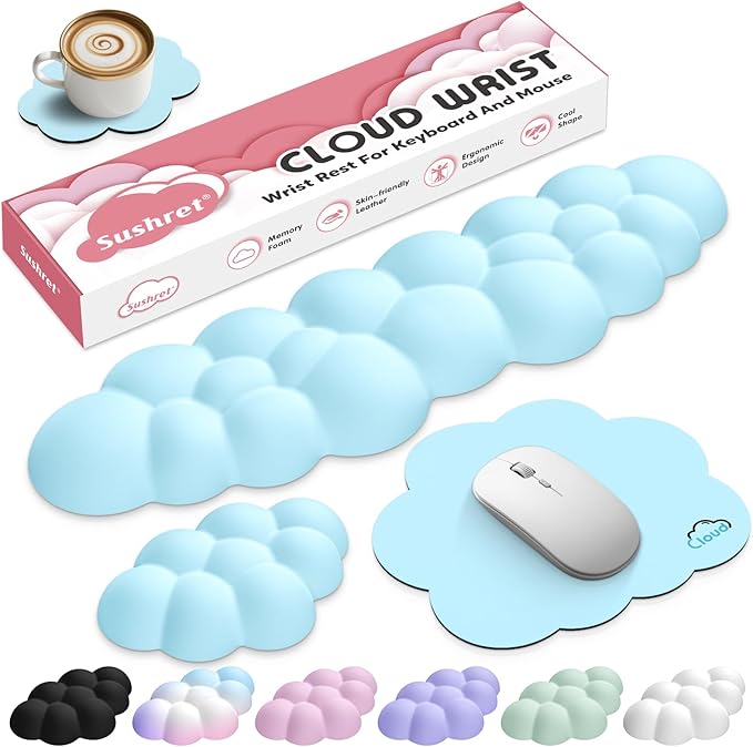 Sushret Cloud Wrist Rest for Computer Keyboard, 4-in-1 Memory Foam Leather Cloud Keyboard Wrist Rest and Mouse Pad Set with Ergonomic Support for Arm and Palm Cushion, Gaming/Work Setup, Blue