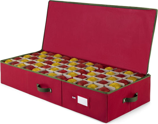 ZOBER Christmas Ornament Storage Box - Holds 120 Ornaments with Dividers - Durable Tear-Proof 600D Oxford Fabric - Red