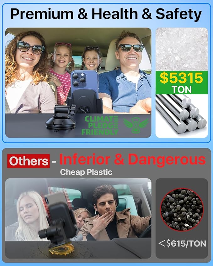 HTU Car Phone Holder【2026 Upgraded 100+LBS Suction & Safety Cert】 Cell Phone Car Mount for Truck Heavy Duty Phone Holder for Dashboard/Windshield/Vent for iPhone 17 16 Pro Max, Jet Black