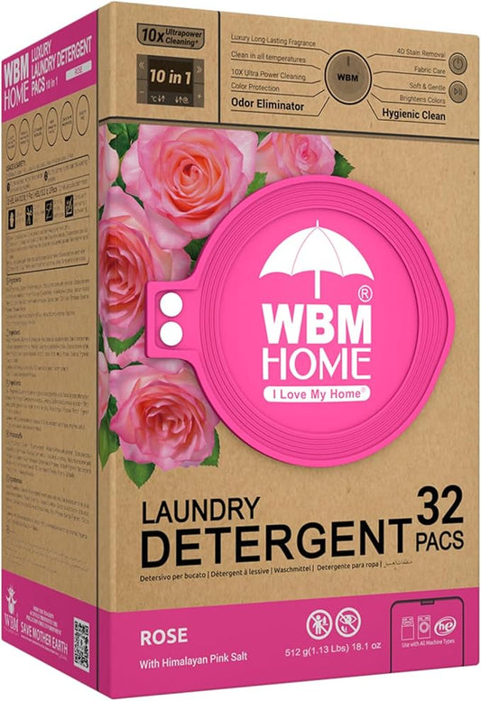 WBM 10-in-1 Laundry Detergent Pods, Ultra Concentrate, Powerful Stain Lifter, Fabric Softener, Rose Scent, 32 Count, HE Compatible, Eco-Friendly, Gentle