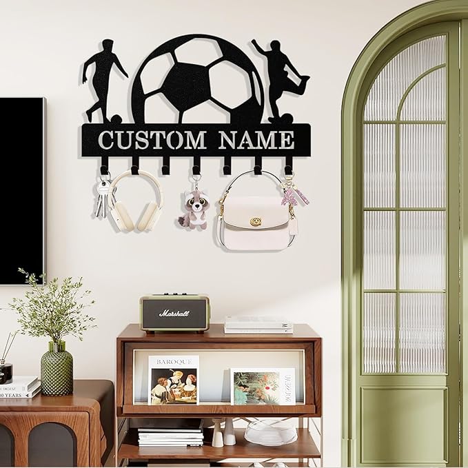 Syneiro Personalized Football Key Holder Wall Mount, Custom Metal Key Rack Key Holder with Name, Deer Cabin Wall Keys Hanger with Hooks for Entryway, Front Door, Hallway, Kitchen, Living Room