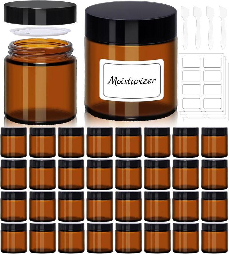 Amber Glass Jars - 32 Pack Wide-Round Cosmetic Containers with Lids & Labels | 4 oz for Creams, Oils, Body Butter