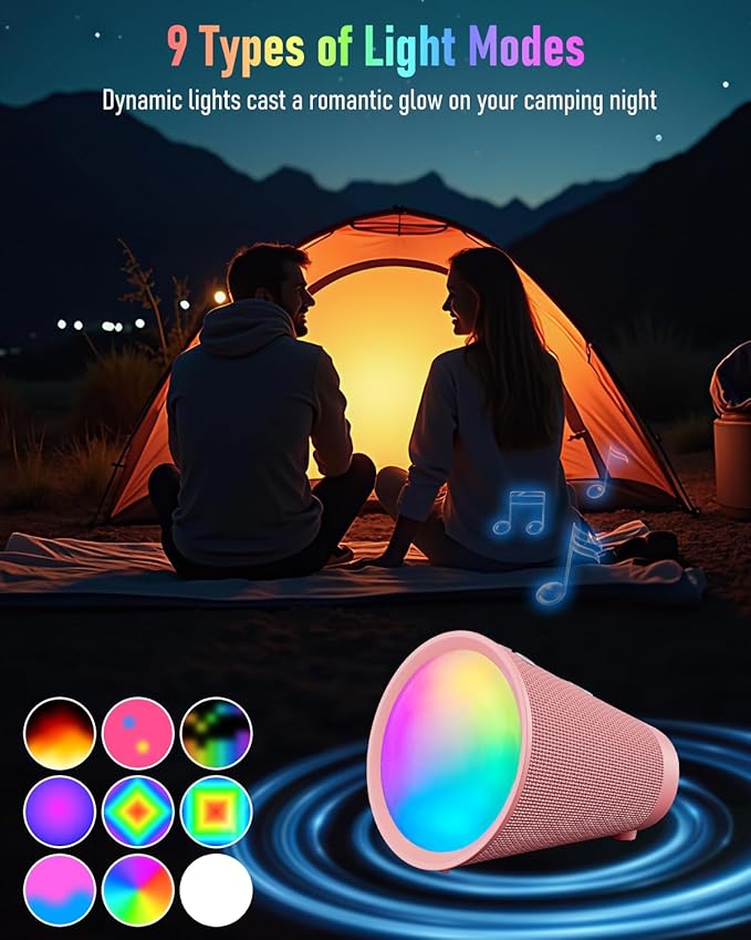 Gladorn Portable Bluetooth Speaker Wireless with 9 Color Lights, 20H Playtime, Stereo Pairing, Deep Bass, IPX6 Waterproof, Bluetooth 5.3, Small Speaker for Home, Party, Outdoor, Camping, Beach, Gift