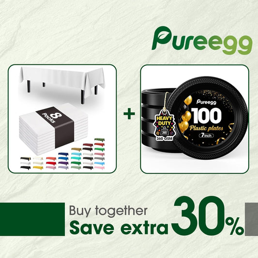Pureegg 8-Pack White Disposable Tablecloths & 100 Heavy-Duty Black Plates | BPA-Free, Leakproof, Ideal for Parties & Picnics