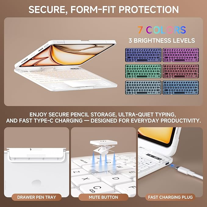 Transparent Case with Keyboard for iPad Air 13 Inch (M4/M3/M2, 2026/2025/2024), iPad Pro 12.9 Inch (6/5/4/3 Gen),7-Color Backlit,Magic wireless Keyboard, 360°Rotating,with trackpad,Pencil Holder,white