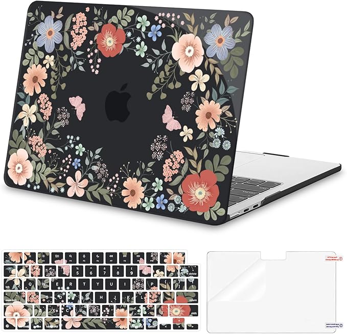 MOSISO Compatible with MacBook Air 13 inch Case M5 2026 M4 2025 M3 M2 2024-2022 A3449 A3240 A3113 A2681, Lush Floral Hard Shell&Keyboard Cover&Screen Protector for MacBook Air 13.6 inch Case, Black