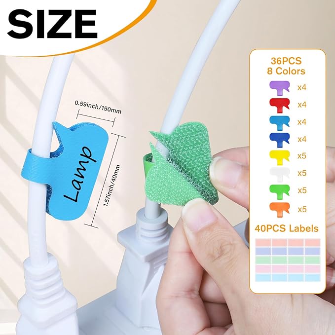 36-Pack Large Cable Labels with 40 Write-On Stickers, Reusable 8-Color Wire Tags for Electronics, Cord ID & Cable Management for Home Office, PC Network - Oval