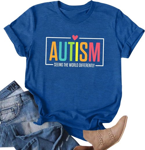Ithalt Autism Awareness Shirt - Women's Blue T-Shirt for Autistic Moms | Puzzle Piece Design, Short Sleeve