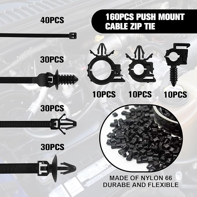 Dakchor 160 Pcs Push Mount Cable Zip Tie, Car Wire Loom Routing Clips 7 Different Sizes Quickly Mount Cable Ties Fixed Wire Harness for Jeep Wrangler Trucks Universal Automotive Clips