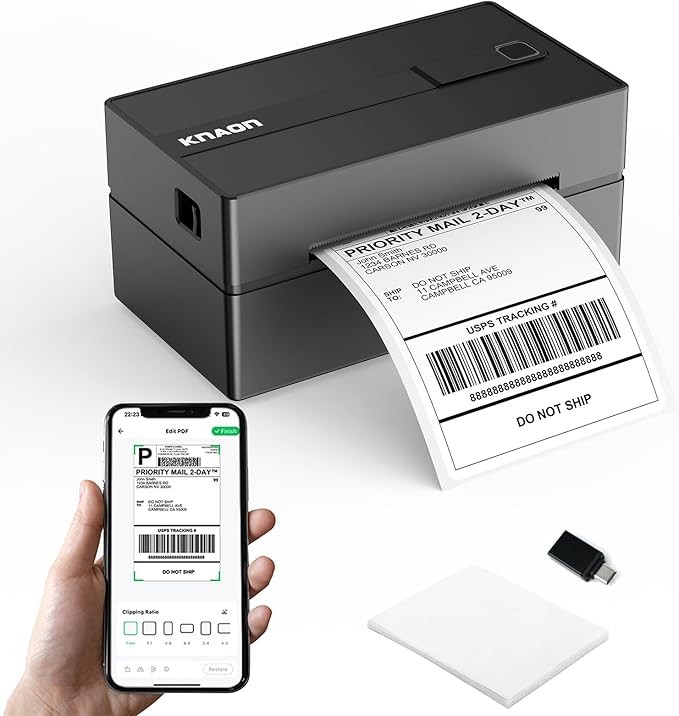 KNAON Bluetooth Thermal Shipping Label Printer, 4x6 Portable Thermal Address Label Printer for Small Business, Compatible with iPhone,Android,Windows,Mac,–Works with Etsy Shopify USPS&More, Black