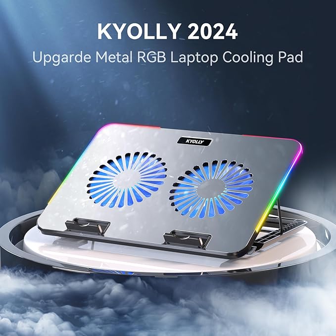 KYOLLY RGB Gaming Laptop Cooling Pad with Metal Panel, 2 Ultra Quiet Big Fans, 10 Lighting Modes, Phone Stand & 7 Height Adjustable Ergonomic Cooler for 10-15.6 Inch Laptops