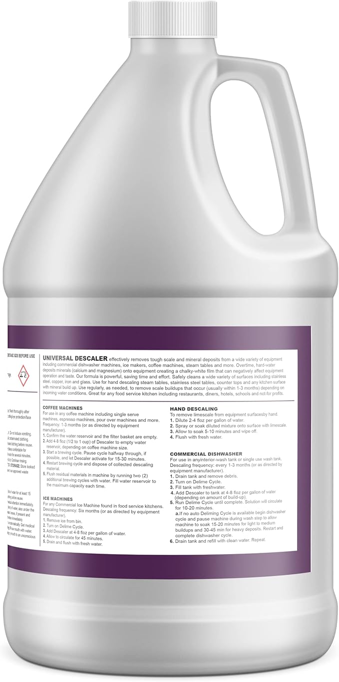 Universal Descaler - 4 Gallon - Commercial Grade Delimer for Dishwasher - Ice Machine Cleaner and Coffee Pot Descaler - Steam Tables - Hand Descaling