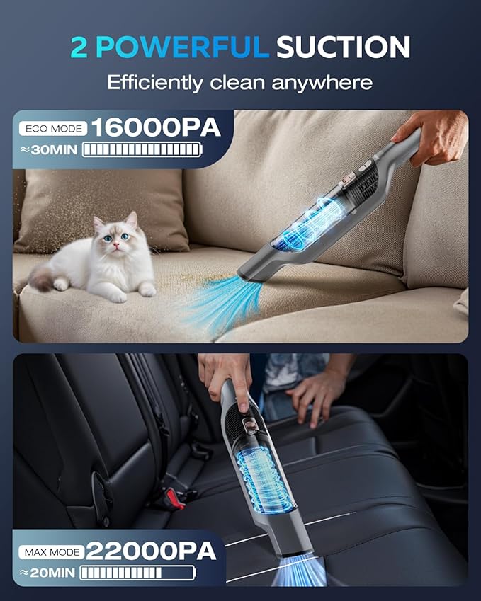 Zefiro Compact & Powerful Cordless Handheld Vacuum, Rechargeable Portable Car Vacuum for Car & Pet Hair, with XL Dust Cup, High-Suction, 2 Brushes & Filters, Long Runtime, Ideal Gift