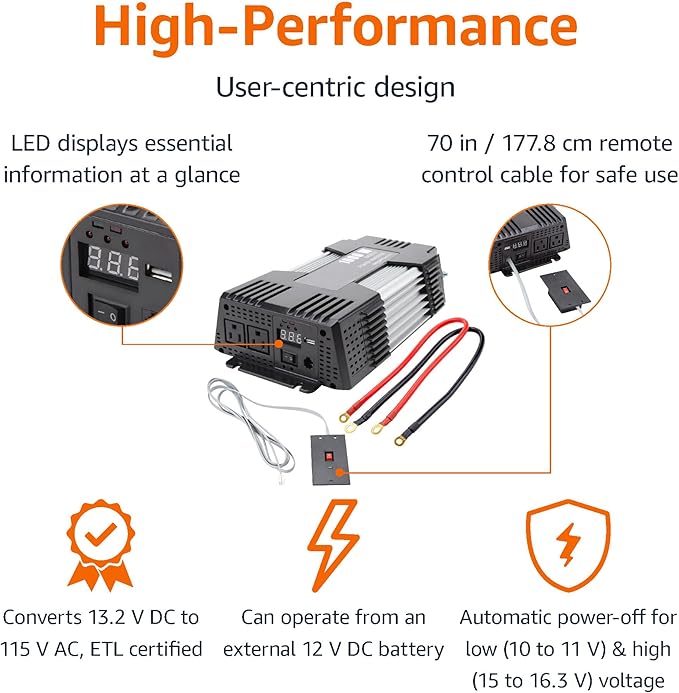 Amazon Basics 1000W Car Power Inverter, 12V to AC 110V, Portable, 2 AC Outlets, USB Port, 13.81 x 7.44 x 3.07 inches