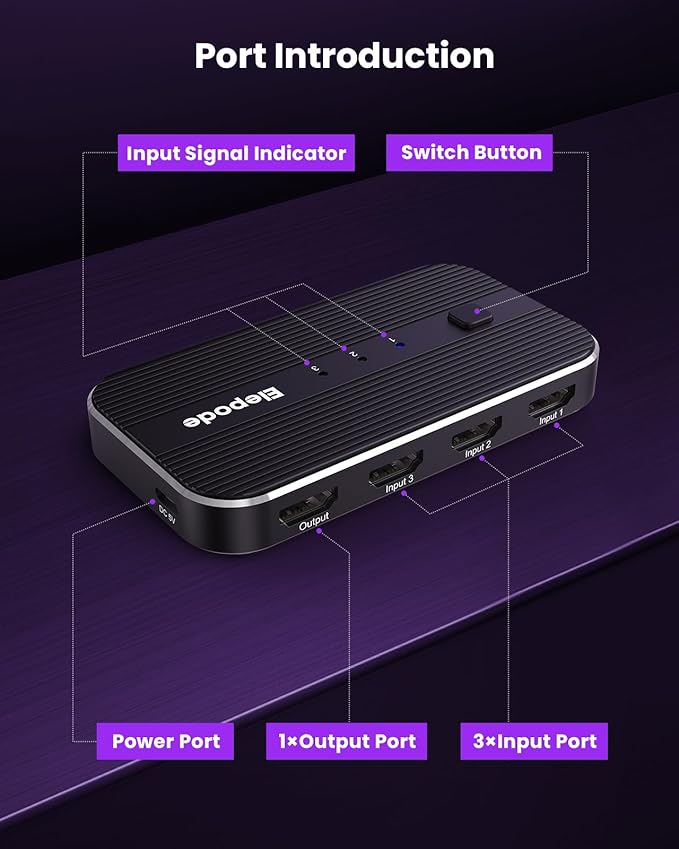 HDMI Switch 3 in 1 Out 4K@60Hz, 3 Port HDMI Switch 3 in 1 Out with Remote Support HDCP2.2 Compatible with Dolby Nintendo Switch PS5/4/3 Xbox Roku TV Fire Stick Blu-Ray Player