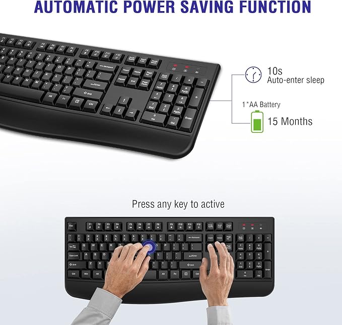 QUASIO Wireless Keyboard, 2.4G Full-Sized Ergonomic Wireless Computer Keyboard with Wrist Rest for Windows, Mac OS Laptop/PC/Desktop/Notebook(Black)