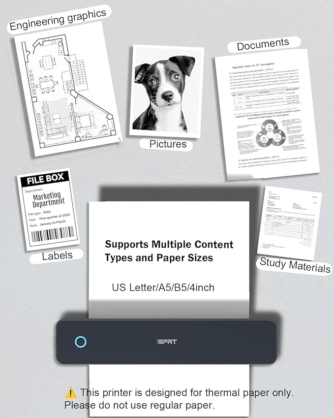 Inkless Portable Printer for Travel, Wireless Thermal Printer Supports 8.5 x 11" US Letter, A4, MT610Pro 300DPI Small Bluetooth Printers Compatible with iOS Android Laptop for Home Office Car, Black