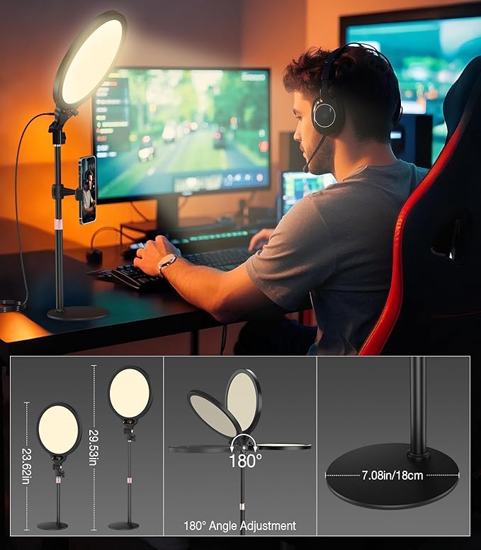 Moko LED Ring Light for Desk, 10" Full-Screen Desk Ring Light with Stand, Dimmable Zoom Lighting for Computer, Desk Light for Video Recording, Video Calls, Live Streaming, TikTok, Makeup