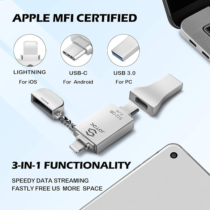 JSL JDTDC 512GB Genuine Apple MFi Certified iPhone Photo Stick, Real Capacity 3 in 1 USB C Flash Drive Thumb Drive for iPhone 16/15/14/13 iPad Android PC, Secure Encryption & 1-Tap Backup Memory Stick