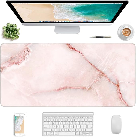 Atufsuat Extended Gaming Mouse Pad, XXL Large Mouse Mat 30 x 14 Inch, Big Computer Keyboard Mousepad, Waterproof Desk Pad with Stitched Edges and Non-Slip Base for Office Gaming, Light Pink Marble
