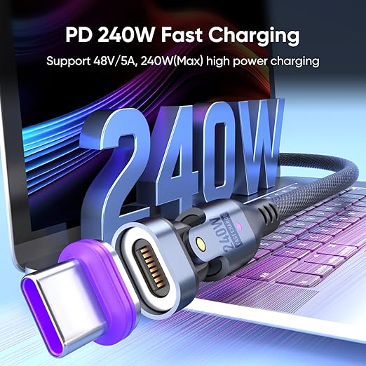 Bojianxin 240W Magnetic Charging Cable ，180°Rotating USBC to USB C Magnetic Data Cable ，Micro USB Phone Fast Charger Cable Data Transfer for Laptop/Tablet/Smart Phone (3ft)