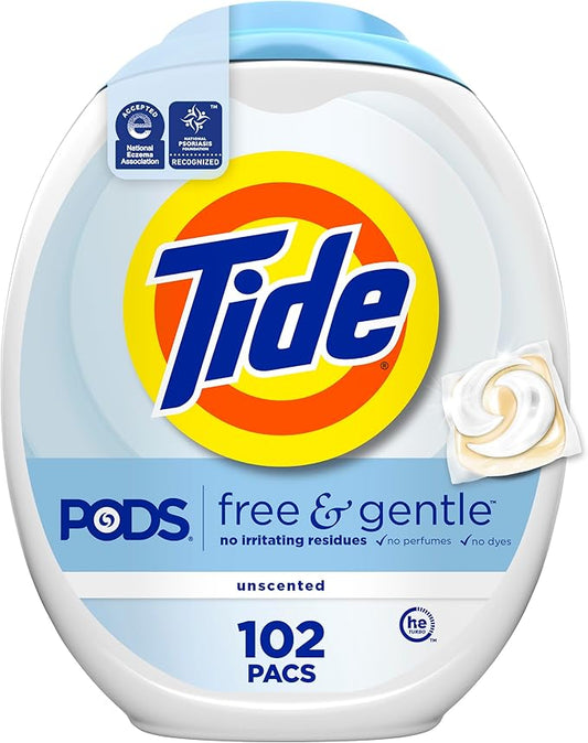 Tide PODS Free & Gentle Laundry Detergent Soap Pacs, 102 Count, Tide PODS Laundry Detergent, Laundry Detergent Pacs, Laundry PODS Detergent