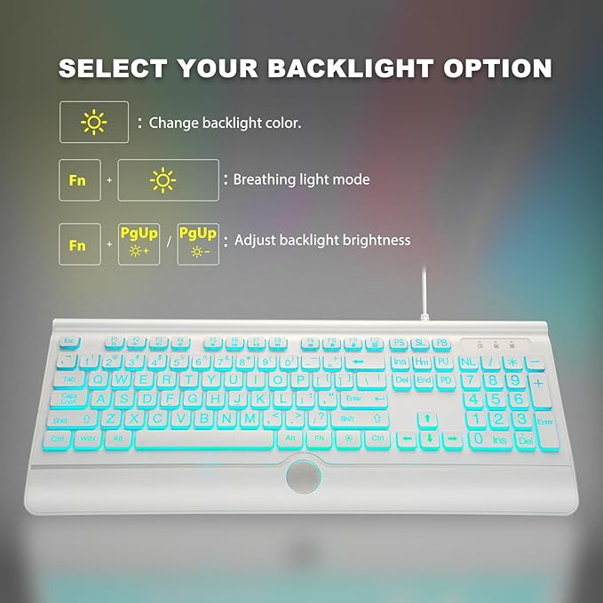 KOPJIPPOM USB Wired Keyboard with Large Print Backlit Keys, 7 Color LED Backlight, Ergonomic Wrist Rest, Spill-Resistant Design, Full-Size Computer Keyboard with Number Pad, for PC Desktop Laptop