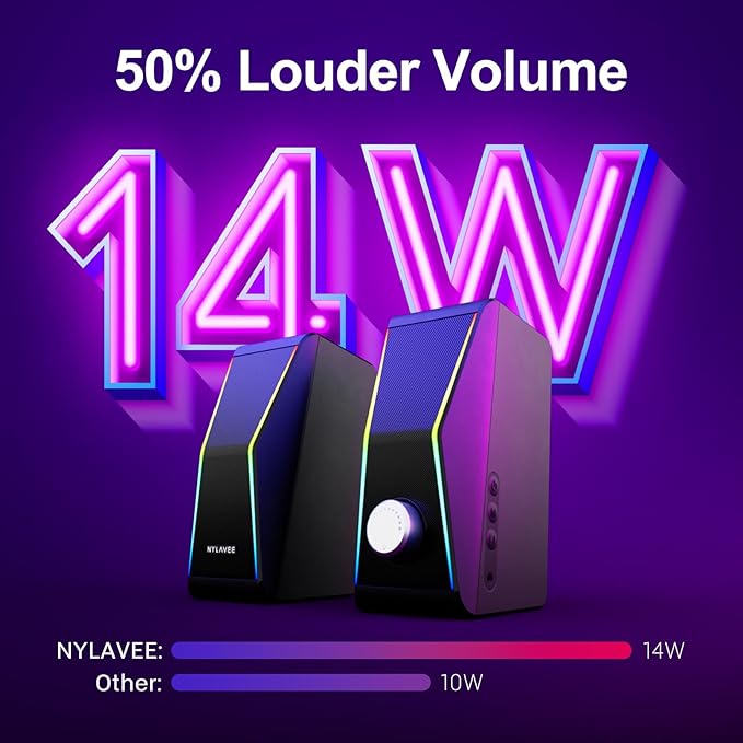 Nylavee Computer Speakers, Bluetooth 5.0 Hi-Fi Stereo PC Speakers, 4 Dynamic Lighting Modes, AC Adapter Powered and 3.5mm AUX-in Computer Speakers for Desktop PC, Monitor, Laptop, Tablet, Phone