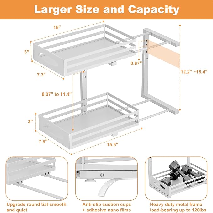 Under Sink Organizer, 2 Tier Under Sink Organizers and Storage, Adjustable Height, Slide out Metal Cabinet Organizers, Pull out Cabinet Storage Drawer Shelf for Kitchen Bathroom White 2Pack