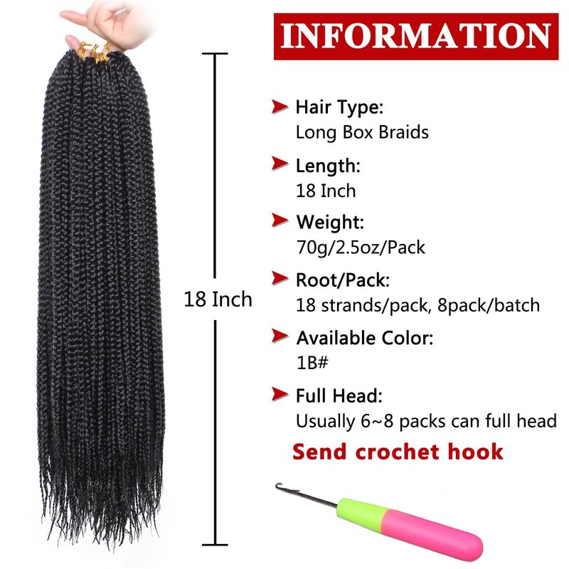 Xtrend 8 Packs 18 Inch Box Braids Crochet Hair 144 Strands Medium Knotless Box Braiding Hair Pre-looped Synthetic 3X Braids Hair Extension for Women (1B#)