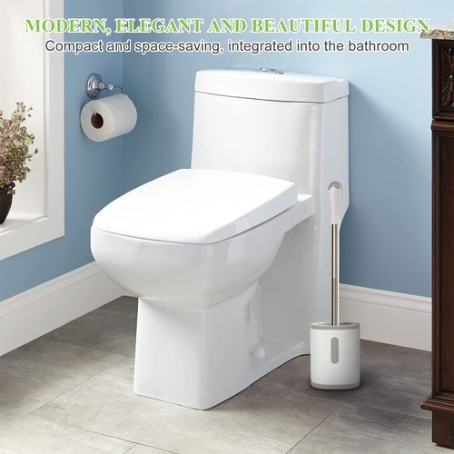AONEZ Compact Toilet Brush & Holder, Stainless Steel Handle, Space Saving for Storage, Deep Cleaning, Drip-Proof, Easy to Assemble, Nylon Bristles, White & Grey