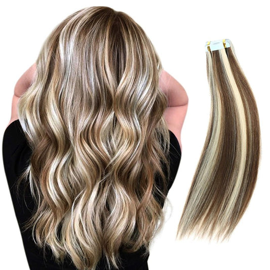 RINBOOOL Tape in Hair Extensions Human Hair, 16 Inch 40 Gram 20 Pieces, Real Natural Remy, 2 Tone Piano Color, Platinum Blonde Highlighted Medium Brown, 6/60